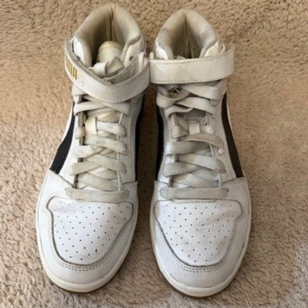 Puma Rebound Layup SL Jr Kids Sneakers 6C White Black Gold High Top Shoes GOOD